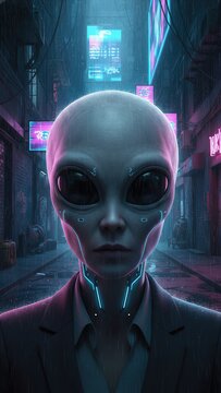 Alien in suit standing in cyberpunk city street at night. Extraterrestrial being with human features near neon lights. Science fiction character portrait for futuristic film concept.