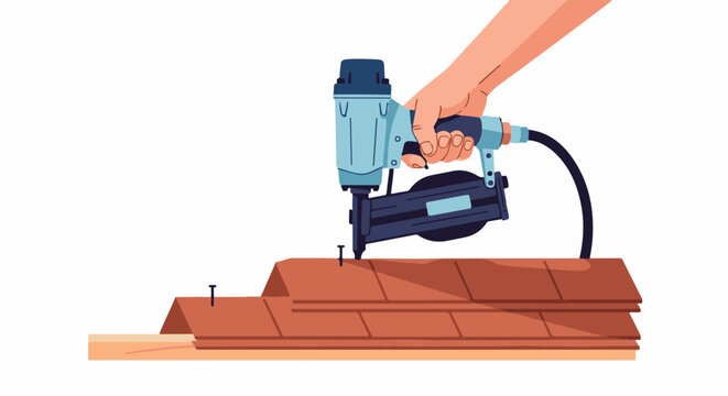 Hand using pneumatic nail gun to attach shingles to roof structure