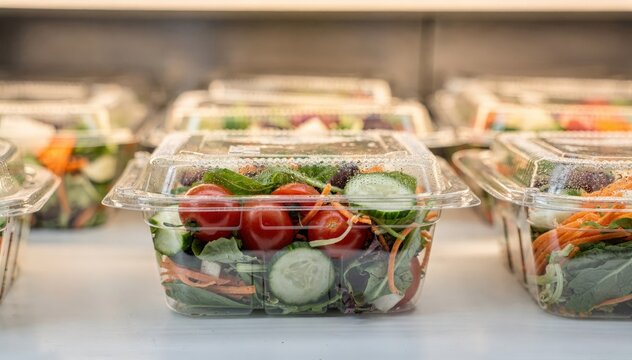 Medium shot of a grabandgo island emphasizing a selection of prepackaged salads in clear containers with one container crisply focused against a blurred backdrop.