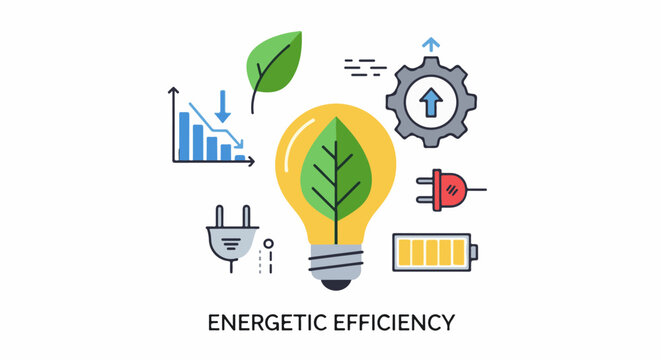 Lightbulb with leaf, graph, gear, plugs, battery, leaf