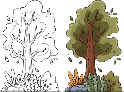 Strong Forest Tree Coloring Page with Colored Asset and Nature Elements