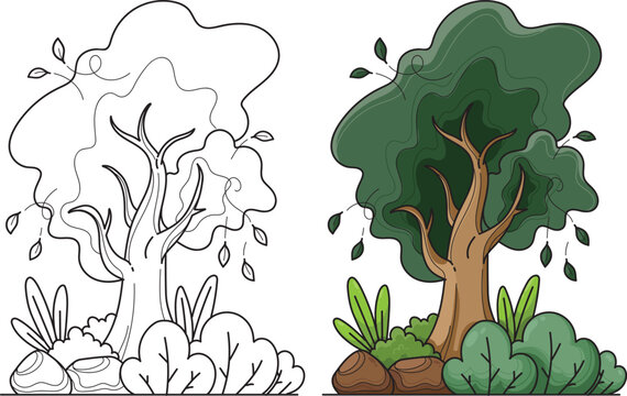 Summer Greenery Tree Coloring Page and Colored Vector Illustration Set