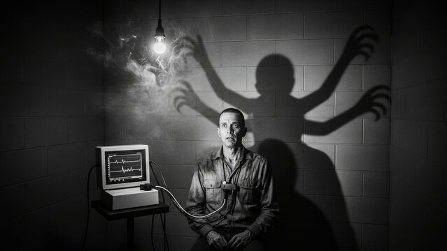 Frightened man connected to experimental monitor casting shadow with clawed arms on wall. Science fiction concept of alien abduction, paranormal encounter, psychological thriller, mystery.