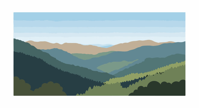 Rolling, layered mountains fade into a soft blue sky with gentle brush strokes