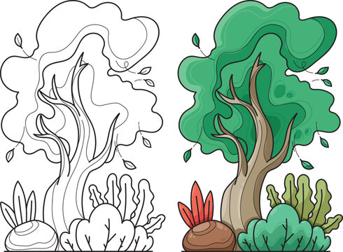 Fresh Green Forest Tree Coloring Page and Colored Cartoon Asset Bundle