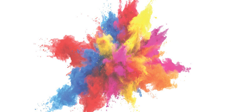 Bright colorful powder explosion with vibrant red blue yellow and pink paint clouds bursting in the air