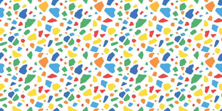 Colorful terrazzo pattern with abstract geometric stone shapes in bright primary colors for modern surface design