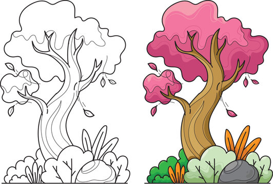 Fantasy Cherry Blossom Tree Coloring Page and Colored Whimsical Asset