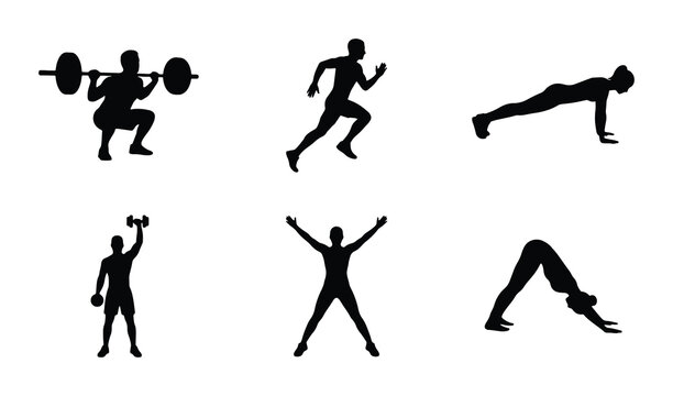Fitness Silhouette Icons: Weightlifting, Running, Plank, Dumbbell, Jumping Jack, Yoga Poses