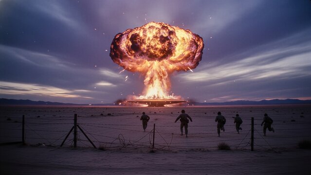 Soldiers running away from alien spacecraft exploding in desert. Science fiction scene showing massive fireball and Ufo destruction. Paranormal military event with intense cinematic blast.