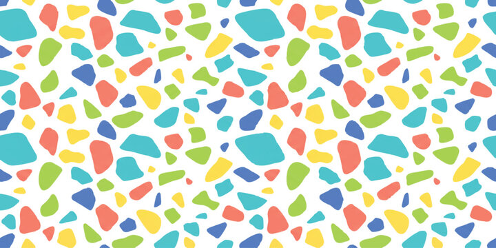 Colorful terrazzo pattern with scattered abstract shapes in bright rainbow colors for modern creative surface design