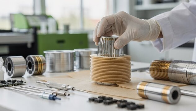 Medium shot showcasing the assembly process of foil capacitors featuring ecofriendly paper dielectrics emphasizing precision and green technology use.