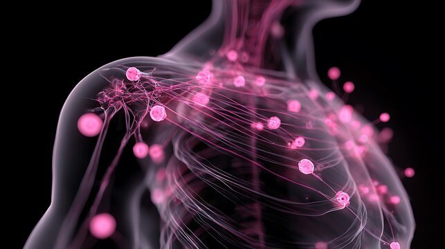 Detailed medical illustration showing lymphatic system, glow-effect, with a transparent body