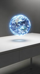 Fototapeta premium Glowing Earth Globe Hologram Floating Over White Office Desk Projection of World Map Concept Digital Illustration Photograph