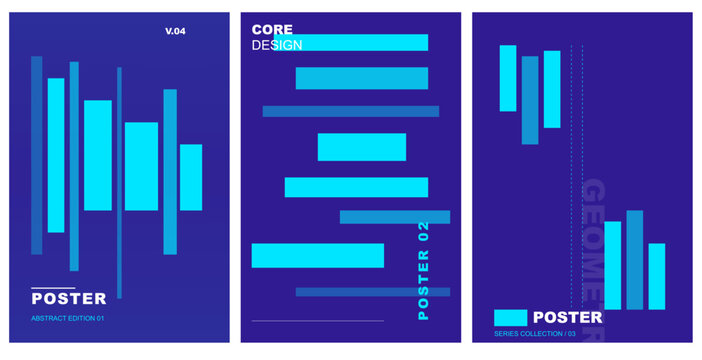 Abstract blue geometric bar poster set with minimalist lines for technology presentation and data visualization