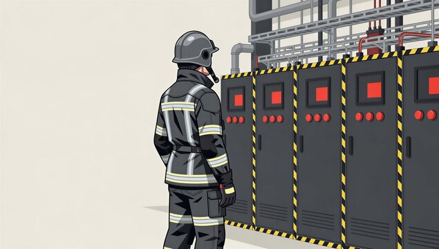Detailed illustration electrical technician in arc flash suit near high voltage switchgear from behind safety training