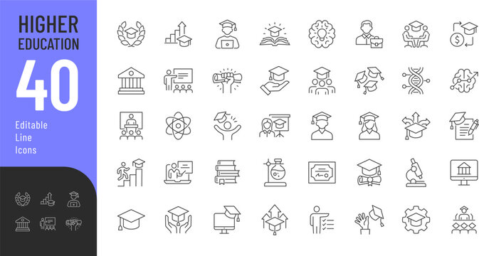 Higher Education Line Editable Icons set. Vector illustration in a modern thin line style of knowledges related icons: college, student, graduation, and more. Isolated on transparent background.