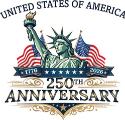United States of America 250th Anniversary Logo Vector with Statue of Liberty and USA Flags Semiquincentennial 1776-2026 Design © VectorHub