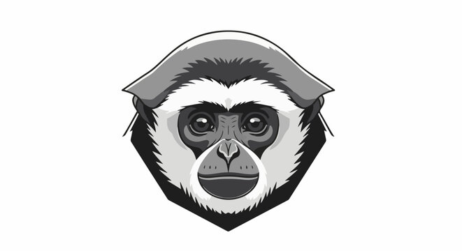 Stylized grayscale monkey head, facing forward, black and white