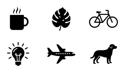 Fototapeta premium Black Silhouette Icons: Coffee Cup, Leaf, Bicycle, Lightbulb, Airplane, Dog, Vector Set