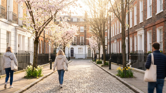 Peaceful spring street in the United Kingdom with cherry blossom trees, historic brick houses, soft sunlight, and people walking during a spring bank holiday.
