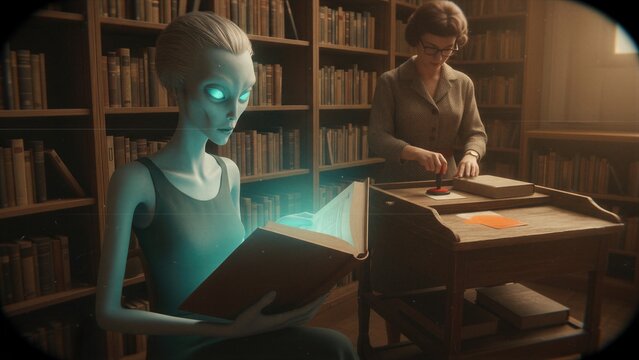 Alien reading glowing book in library with librarian. Extraterrestrial creature visiting archive building for research. Science fiction encounter between human woman and being from space.