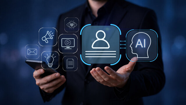 AI marketing and customer engagement. Analysis of audience targeting, content automation, personalized communication strategy. Businessman managing AI marketing campaign.