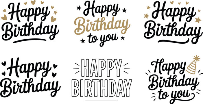 Beautiful set of happy birthday lettering with gold accents celebrating a festive mood on a bright white background.