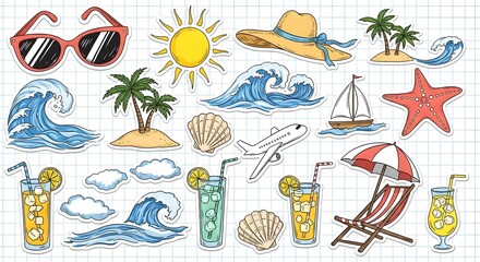 Fototapeta premium Summer vacation sticker set with beach accessories travel icons and cold drinks on grid