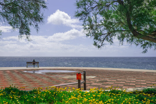 Person on bench overlooking ocean promenade. Canico de Baixo, Madeira