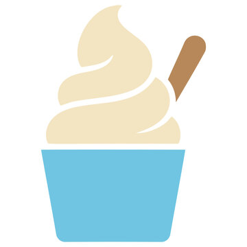 Vanilla soft serve ice cream in a blue cup with a brown wafer stick on white background