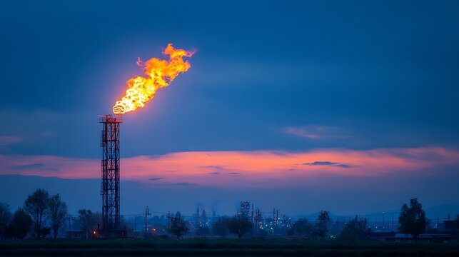 Industrial flare stack burning brightly against a twilight sky over an oil refinery