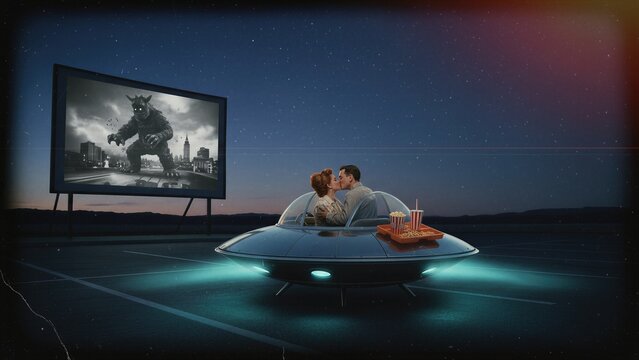 Woman and man kissing inside flying saucer at outdoor cinema. Couple watching horror movie from ufo. Retro science fiction scene with space vehicle and monster on vintage drive-in screen.