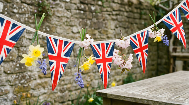 Festive Union Jack bunting with spring flowers against a rustic stone wall, representing a cheerful United Kingdom spring bank holiday celebration.
