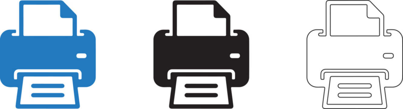 Printer device icon 3 icon concepts colour icon, solid icon, and line art transparent png office equipment technology editable vector eps collection