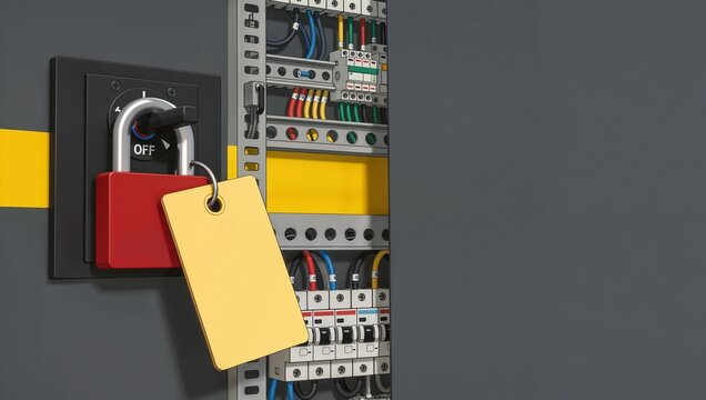 Detailed illustration lockout tagout safety lock on electrical breaker switch from behind training