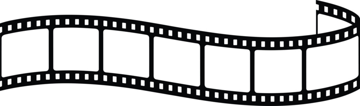 Minimalist curved black film strip with empty frames isolated on white background, creating a nostalgic cinematic feeling.