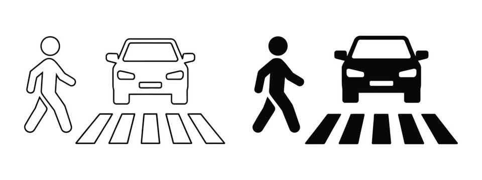 Pedestrian crosswalk with car traffic sign person crossing road vector illustration