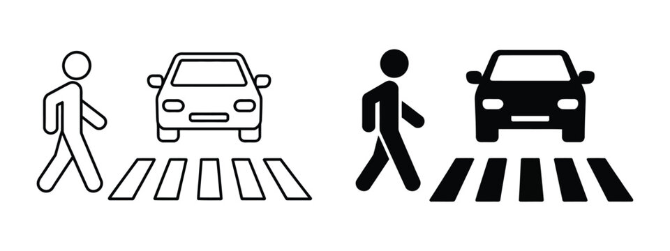 Crosswalk road sign man walking with car traffic safety symbol vector illustration