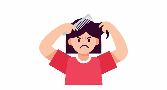 Person with dark hair, upset, combing their tangled hair with a comb