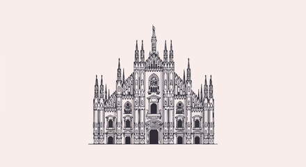 Fototapeta premium Ornate Gothic cathedral facade illustration with intricate spires and arches against a light background