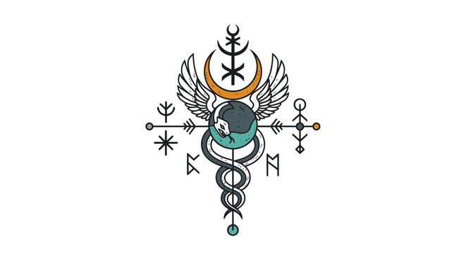 Mystical Alchemical Symbol with Serpent, Moon, and Wings