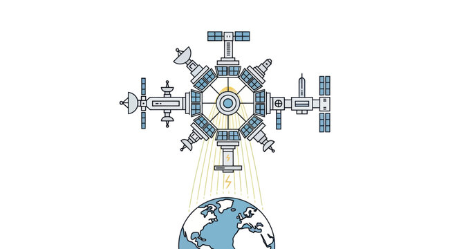Futuristic Space Station Orbiting Earth, Solar Power Beaming