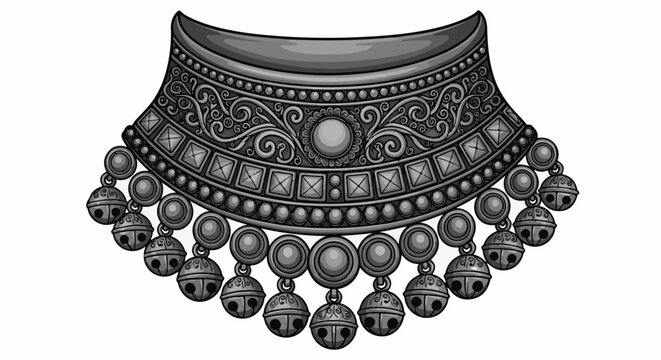 Ornate silver choker necklace with dangling bells and intricate scrollwork detailing