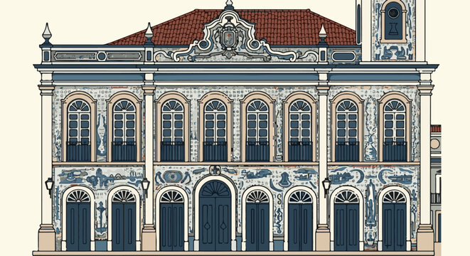 Ornate tiled facade with arched windows, blue doors, and a red tiled roof