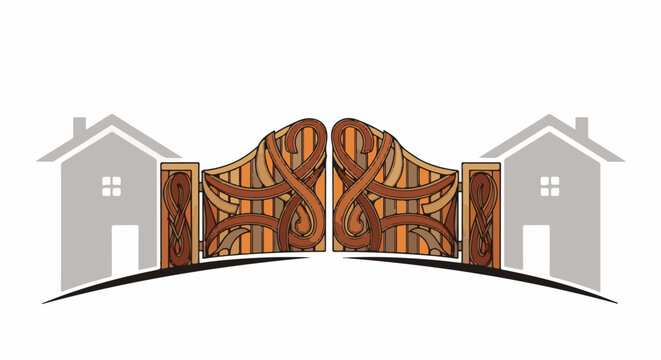Ornate wooden gate with swirling patterns, flanked by house outlines