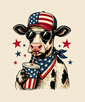Cool patriotic cow illustration wearing American flag hat sunglasses bandana holding a beverage cup vintage retro usa patriotic t-shirt vintage retro usa patriotic t-shirt design