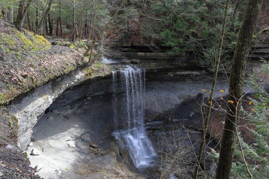 Waterfall as seen from above on a hiking trail
