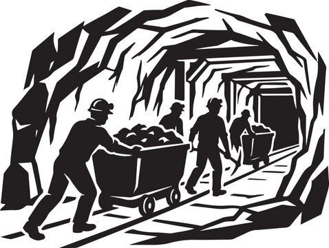 Black and white, industrial mining scene, coal miners, tunnel, silhouette illustration, vector graphics