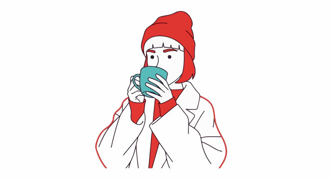 Person in red beanie and coat sips from a teal mug